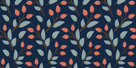 Wall Mural - Winter rectangular seamless pattern on blue background with hand drawn christmas berries and leaves in flat vector style. Holiday seasonal floral decoration. For textile, background, wrapper