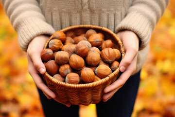 Canvas Print - A woman is holding a basket of nuts.