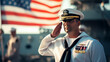 Navy officer saluting in uniform with American flag in background, military honor and patriotism.

