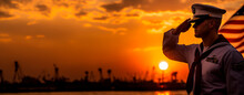 Silhouette Of A Sailor Saluting At Sunset With Industrial Harbor Background.
