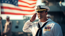 Navy Officer Saluting In Uniform With American Flag In Background, Military Honor And Patriotism.
