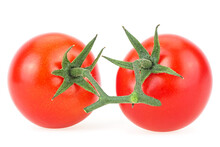 Two Ripe Red Tomatoes On Branch Isolated On A White Background. Cherry Tomatoes.