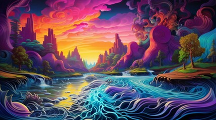 Wall Mural - Neon waves converging and diverging, casting a radiant glow in a surreal and vibrant dreamscape.