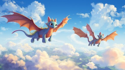 Playful dragons soaring through a sky filled with whimsical clouds in an animated illustration
