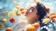 Fashion portrait of beautiful young woman in swimming pool with fruits. Generative AI