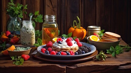 Poster - Homemade pancakes with fresh berries and sour cream and a glass of herbal tea on a wooden background