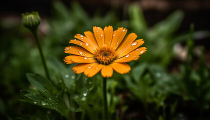 Canvas Print - Vibrant chamomile blossom in wet meadow, dew drop glistening generated by AI