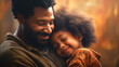 Happy African American father and son in autumn park. Fatherhood concept