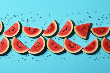 Wall Mural - background blue arranged watermelons Sliced watermelon water melon fruit summer juicy diet healthy nourishment food delicious fresh organic minimalism minimal simplicity simple style creative