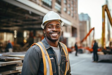 Wall Mural - Smiling portrait of male construction worker at site