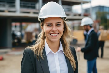 Wall Mural - Smiling portrait of female architect on construction site