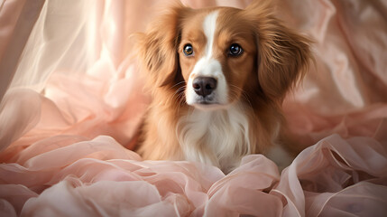 Wall Mural - Charming Spaniel Pup Amidst Soft Tulle Fabric