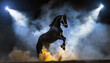 Czarny koń stający dęba i wynurzający się w świetle z kłębów dymu i kurzu
