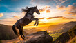 Czarny koń skaczący nad urwiskiem, magiczna godzina, piękne kolory dnia