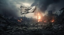 The White Flag Is A Sign Of Surrender. The Army Surrenders With A White Flag On The Background Of A Destroyed City. Stop War And Military Attack.