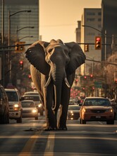 A Large Elephant Walking Down A Busy City Street. Generative AI.