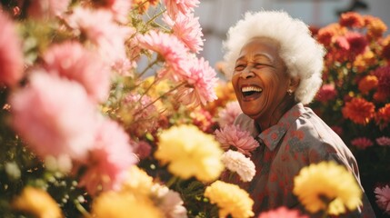 Canvas Print - An older woman laughing in a garden of flowers. Generative AI.