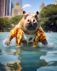 Poster - A hippo wearing a shirt and swimming in the water. Generative AI.