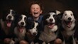 laughing 8 year old kid with their border collies between them, high resolution, 16:9