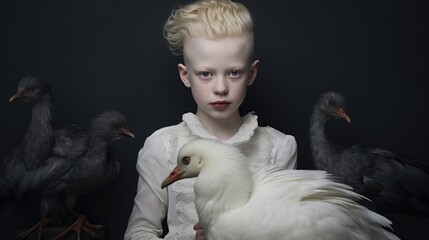 Wall Mural - A young boy with blonde hair holding a goose in a fine art portrait. Generative AI.