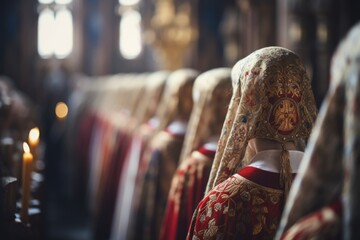 Easter church service marked by a sacred ambiance, worshippers in ethnic clothing, and religious emblems