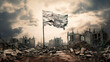 The white flag is a sign of surrender. The army surrenders with a white flag on the background of a destroyed city. Stop war and military attack.