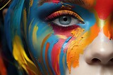 Fototapeta  - portrait close woman art face color red eye cute girl care body skin model white adult paint black young colours style bright luxury people female design beauty make-up powder splash fashion