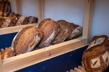 French artisan bakery in Bordeaux, rye and wheat bread and baguettes, France