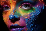portrait uv close adult art background beautiful beauty black blue colourful creative dark disco face fashion female fluorescent girl glow glowing green light constructed make-up model neon paint