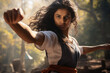 young Indian woman in a white karate uniform strikes a powerful pose, radiating focus and strength in an outdoor training session, blurred background