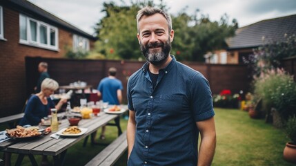 Man standing outdoor at the home backyard, BBQ time, Man barbecuing meat on the grill with friends, small party in home yard.