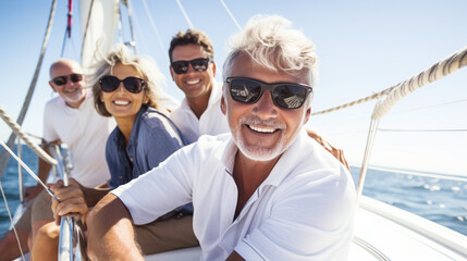 Group of friends relaxing on luxury yacht. Having fun together while sailing in the sea. Traveling and yachting concept.