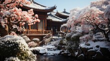 Traditional Japanese Temple, Winter Garden, Snow On Bamboo, Serene, Zen Architecture, Tranquil, Soft Snowfall, Gentle Morning Light, Japanese Garden Photography Style