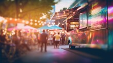 Generative AI, Food Truck Street Festival, Blurred Lights Background, Atmospheric Bokeh, Muted Colors