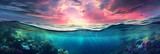 Fototapeta Kwiaty - Long banner with underwater world and vivid sunset sky. Transparent deep water of the ocean or sea with rocks, fish and plants.