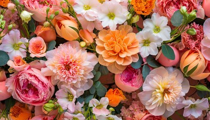 Wall Mural - Floral composition in Peach Fuzz color, background with selective focus and copy space