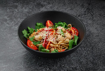 Poster - Wheat flour udon noodles with parsley, tomatoes and sprinkled with sesame seeds