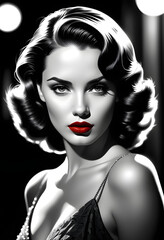 Wall Mural - film noir style, moochrome ink sketch portrait of a beautiful woman with red lips. generative ai