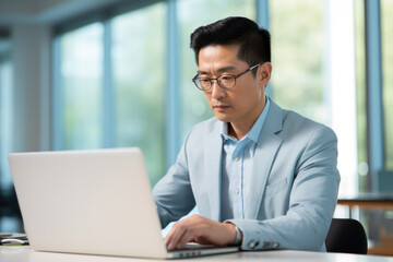 A professional setting where an Asian man is working at his laptop