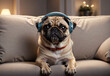 Pug dog, sitting on the sofa, with headphones on his ears listening to music