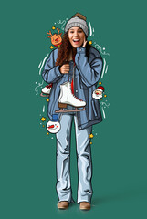 Poster - Excited young woman in winter clothes and with ice skates on green background