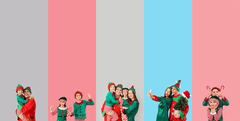 Poster - Set of people dressed as Christmas elves on color background