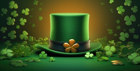 St. Patrick's Day holiday concept. Green hat with clover on green background