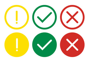 Set of flat round check mark, exclamation point, X mark icons, buttons on a isolated background.Green red yellow vector circle symbols. Red check mark icon vector.Stock vector. Vector illustration