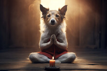 Old sage dog in monk attire in meditation pose in temple. A doggy guru meditates, achieving nirvana. Suitable for spiritual or humorous content.