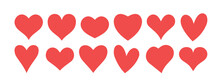 Red Hearts Icons Set.Set Of 12 Hearts Of Different Shapes For Web. Heart Icon Collection On White Background.Vector Illustration.