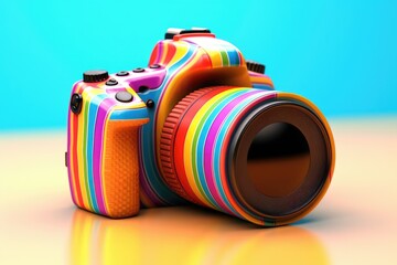 Wall Mural - the retro camera has a bright rainbow color on a blue background. an illustration with 3d rendering