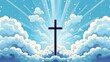 illustration of christian cross with sun rays on blue background with clouds. concept of religion, paradise, holy week