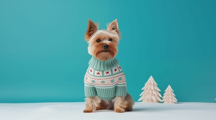 An image of a dog dressed in a knitted Christmas sweater on a soft pastel background.