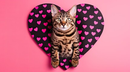 Wall Mural - Cute cat with pink background in the heart, looking at camera in studio. Generative AI
